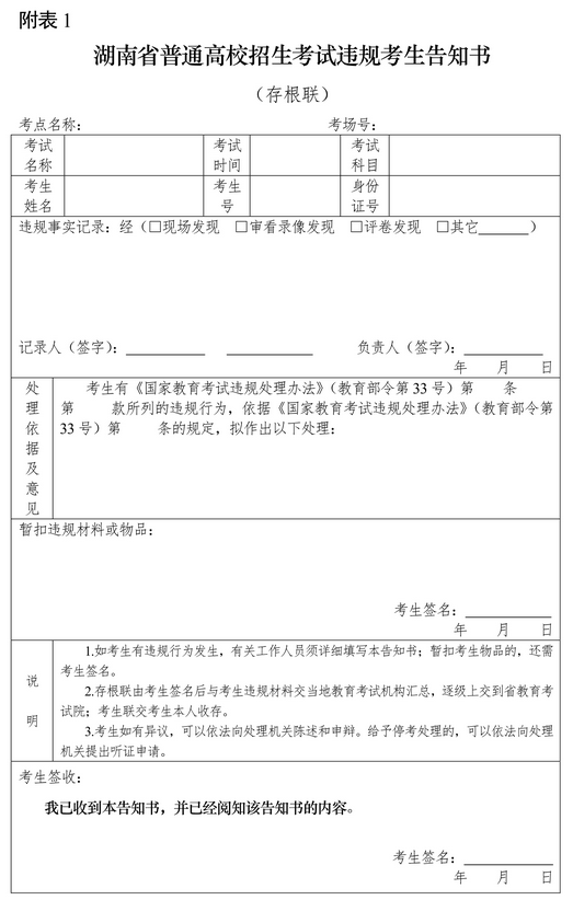 附表1：湖南省普通高校招生考試違規(guī)考生告知書（存根聯(lián)）.png